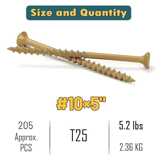 WELLOCKS Deck Screws, Wood Screws, Tan 205pcs, Superior Rust Resistant, Epoxy Coated, Above 1000 Hour Salt Spray Coating T25 Torx Star Bit Included for Outdoor Wood Fence (5.2LBS Tan, #10횞5")