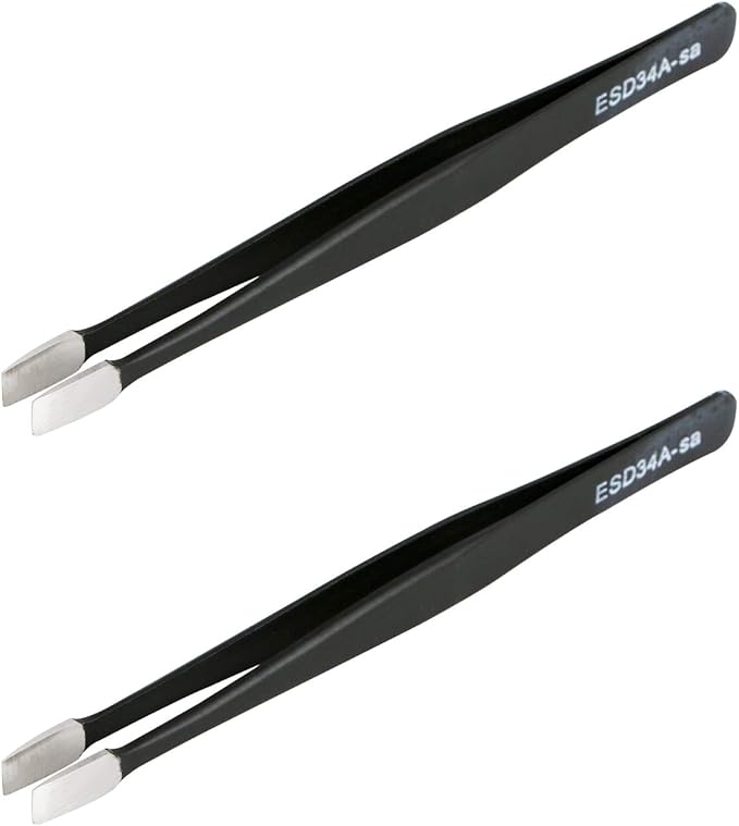 Aoje-Link ESD-34a Professional Anti-Static Precision Technology Tweezers, Non-magnetic Flat Straight, Stainless Steel Plastic Coated, Full Length 120mm, Black, 2pcs