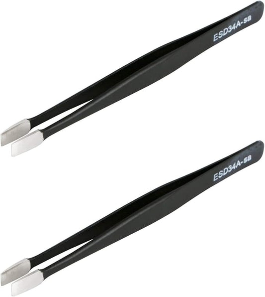 Aoje-Link ESD-34a Professional Anti-Static Precision Technology Tweezers, Non-magnetic Flat Straight, Stainless Steel Plastic Coated, Full Length 120mm, Black, 2pcs