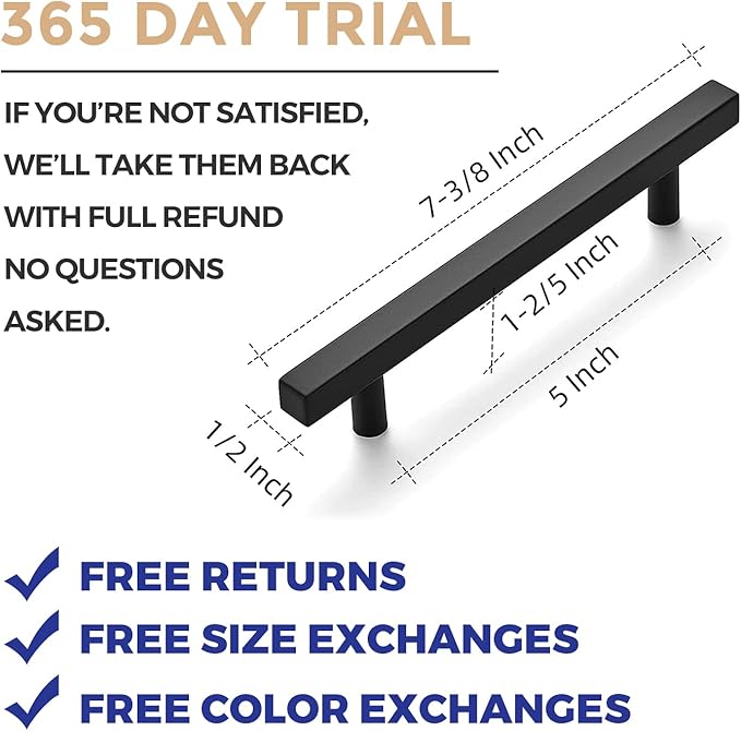 Ravinte Black Cabinet Handles 5 Pack 5 inch Matte Black Square Cabinet Pulls Kitchen Hardware Modern Pulls 7-3/8 inch Overall Length Kitchen Drawer Handles