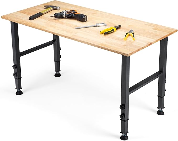 48 "Adjustable Workbench, Heavy Duty 2000 LBS Load Capacity Hardwood Workbench Suitable for Workshop, Office, Garage, Home (Rubber Pad訝쭼o Power Outlets 48"x24")