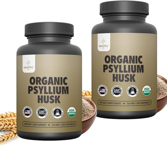 Organic Psyllium Husk Capsules 750 mg, Natural Fiber Supplement for Gut Health* - Alternative to Psyllium Husk Powder, Zealthy Life, 250 Capsules - Pack of 2
