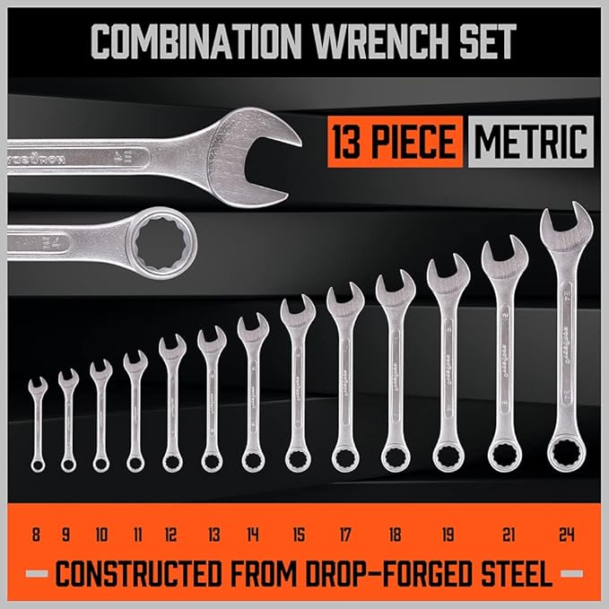 HORUSDY 26-Piece Durable Combination Wrench Set with Roll-up Pouch, Open End Wrench Set for General Household, Garage, Auto Repairs, SAE 1/4??- 1??and Metric 8mm - 24mm