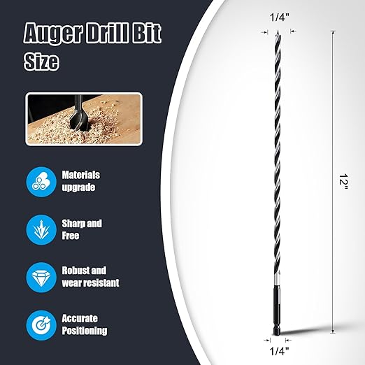 1/4" x 12" Auger Drill Bit for Wood, Hex Shank Tri Flute Ship Auger Long Drill Bit for Soft and Hard Wood,Tree Stump,Plastic,Drywall and Composite Materials