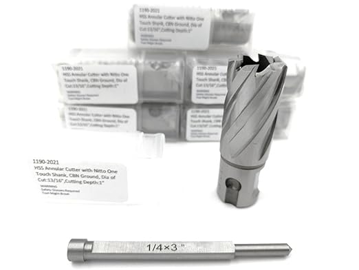 Accusize Industrial Tools 10 Pc Hss Annular Cutter 13/16'' by 1'' Depth with Nitto/1 Touch/3/4'' Weldon Shank, Plus 1 Pilot Pin, 1190-2021pin