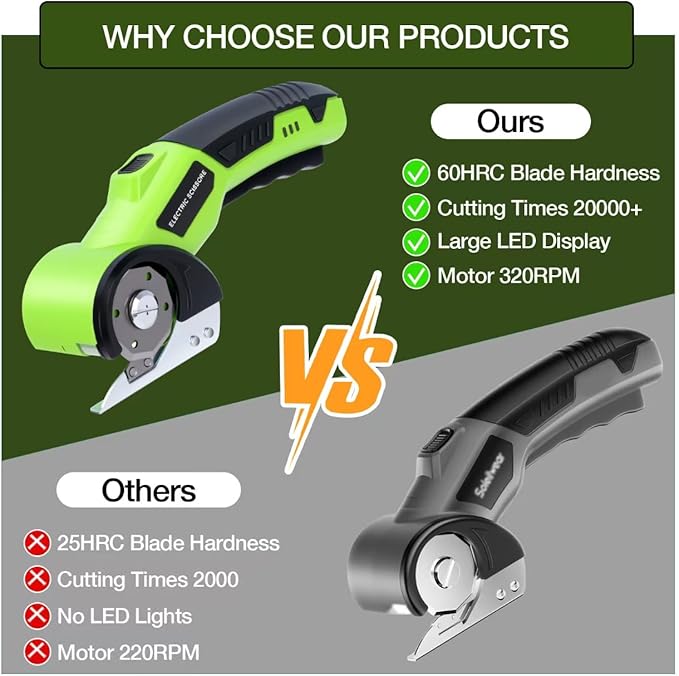 Cordless electric scissors, cardboard cutter, with safety lock, with LED light, two blades for powerful cutting of cardboard, leather, carpet, and fabric (green)