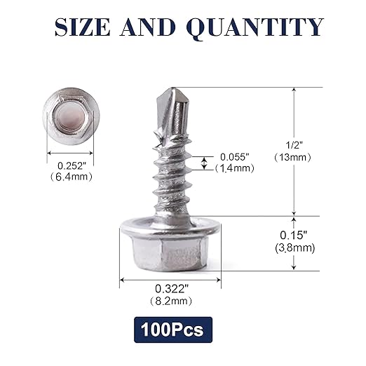 #8 x 1/2" Sheet Metal Screws 100PCS 410 Stainless Steel Hex Washer Head Fast Self Tapping Screws by SG TZH