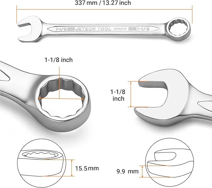 Jetech 1-1/8 Inch Combination Wrench - Industrial Grade Spanner with 12-Point Design, 15-Degree Offset, Durable Chrome Vanadium Steel, Forged, Heat-Treated, SAE