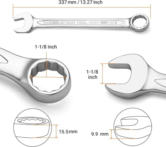 Jetech 1-1/8 Inch Combination Wrench - Industrial Grade Spanner with 12-Point Design, 15-Degree Offset, Durable Chrome Vanadium Steel, Forged, Heat-Treated, SAE