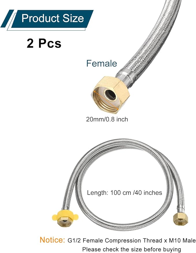 uxcell 2Pcs 40" Faucet Supply Lines Connector Stainless Steel Braided Long Faucet Connector G1/2 Female Compression Thread x G1/2 Female Straight Thread for Kitchen Sink Bathroom (Silver)