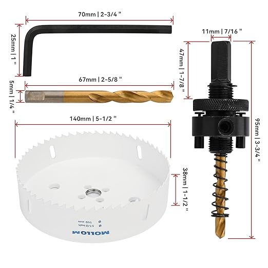 Mollom (140mm | 5-1/2") HSS M42 with 8% Cobalt BI-Metal Hole Saw with 2 Pilot Drill Bits & Arbor Smooth Cutting for PVC,Drywall,Wood,Plastic,Gypsum Board,Rubber