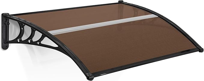 MCombo 39.8" x 37.8" Window Awning Outdoor Polycarbonate Hollow Sheet Door Patio Canopy, 6055-4040 (Brown Board with Black Bracket)