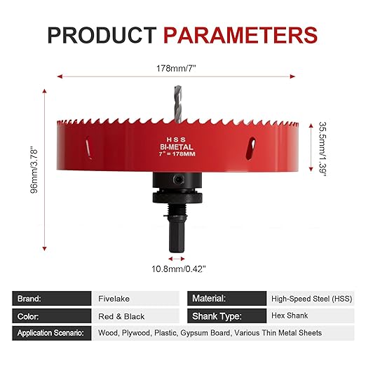 7" (178mm) Bi-Metal M42 High Speed Steel Hole Saw with Pilot Drill Bit, Smooth Cutting Edge for PVC, Drywall, Wood, Plastic, Gypsum Board, Rubber, Thin Metal