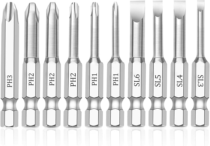 10 Piece Slotted Phillips Screwdriver Bit Set, 1/4 Inch Hex Shank S2 Steel Magnetic 2" Long Drill Bits