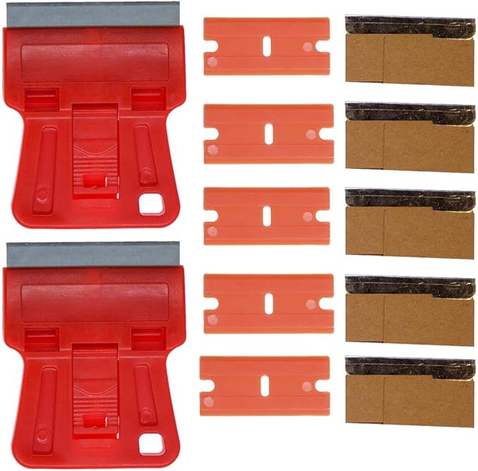 1.5 inches High Visibility Mini Razor Blade Scraper Glass Scraper Red Paint Window Scraper with 5 Metal Scraper Razor Blades 5 Dual Plastic Double Edge Razor Blades Removing Decal Stickers