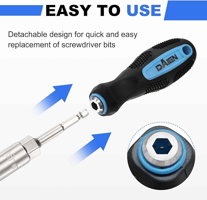 HARFINGTON Metric Nut Driver 15mm CR-V Non-Magnetic Detachable Tip Hollow Shafts Hex Socket Screwdriver with Anti-Slip Handle for Automobile Repair Bit Driver, Blue/Black