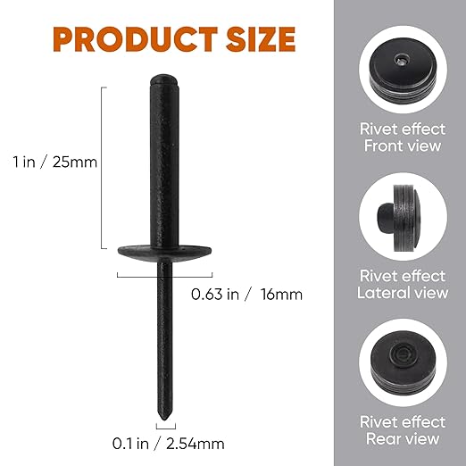 ALLCLEAN 80pcs All Black Large Flange Rivets,3/16 * 1" Open End Aluminum Blind Rivets,4.8 * 2 5Pop Blind Rivet