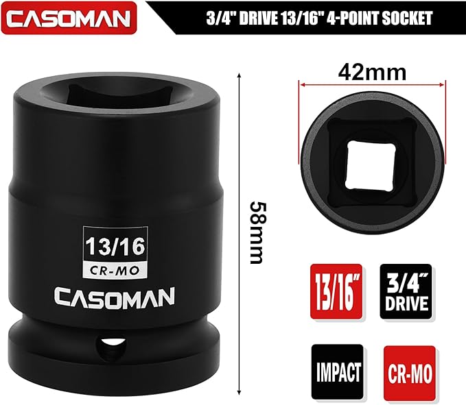 CASOMAN 3/4-Inch Drive 13/16-Inch Square Impact Socket, 4-Point, SAE, CR-MO