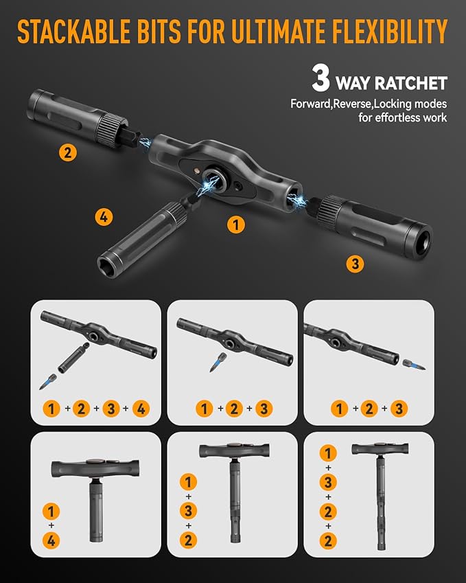 KELIN Magnetic Ratchet Screwdriver Set, 43 in 1 T Handle Ratchet Screwdriver Kits with S2 Steel Bits, Ratcheting Screwdriver for Home Daily Repair, DIY Projects, Ideal Gift for Men Husband (Orange)