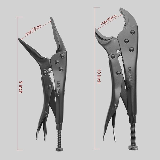 Lichamp Locking Pliers Set - 10 inch Curved Jaw and 9 inch Long Nose Vise Pliers, Vise Grips for Automotive, Plumbing, Metalworking