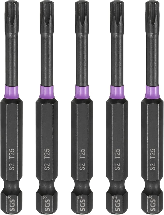 HARFINGTON 5pcs T25 Torx Head Impact Screwdriver Bits 1/4" Hex Shank 2.8" (70mm) Long Magnetic No Hole Tamper Proof 6 Point Star Screw Driver Drill Bits Phosphate S2 Steel Power Tools