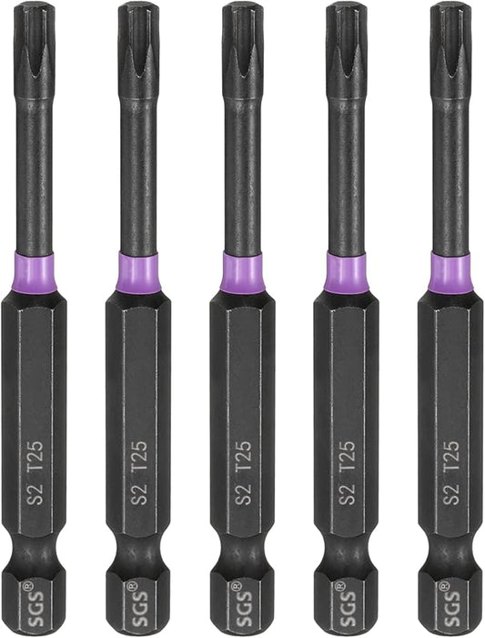 HARFINGTON 5pcs T25 Torx Head Impact Screwdriver Bits 1/4" Hex Shank 2.8" (70mm) Long Magnetic No Hole Tamper Proof 6 Point Star Screw Driver Drill Bits Phosphate S2 Steel Power Tools