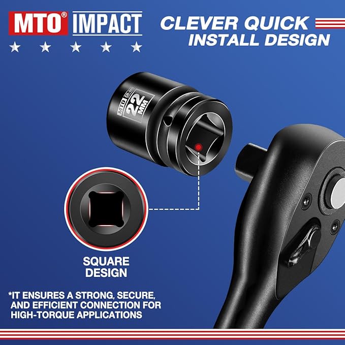 MTO 1/2" Drive 22mm Shallow Impact Socket, 6-Point Metric Socket, CR-MO Steel & Anti-Corrosion Coating for Tight Spaces and Heavy-Duty Tasks