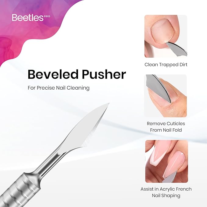 Beetles Pro 1-Pcs Dual-Ended Cuticle Pusher, Professional Horseshoe 11mm and Angled Blade 13mm Precise Cuticle Care, Stainless Steel Handle Nail Tools for Nail Art Prep ??Salon Quality Manicure Tool