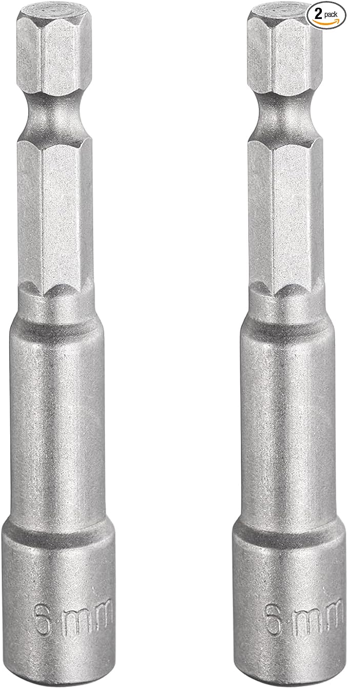 HARFINGTON 2pcs Nut Driver Drill Bit 6mm Metric Socket 1/4" Hex Shank 2.56" (65mm) Long Magnetic 6-Point Sockets Quick Change CR-V Steel Bolt Setters for Power Drill Drivers