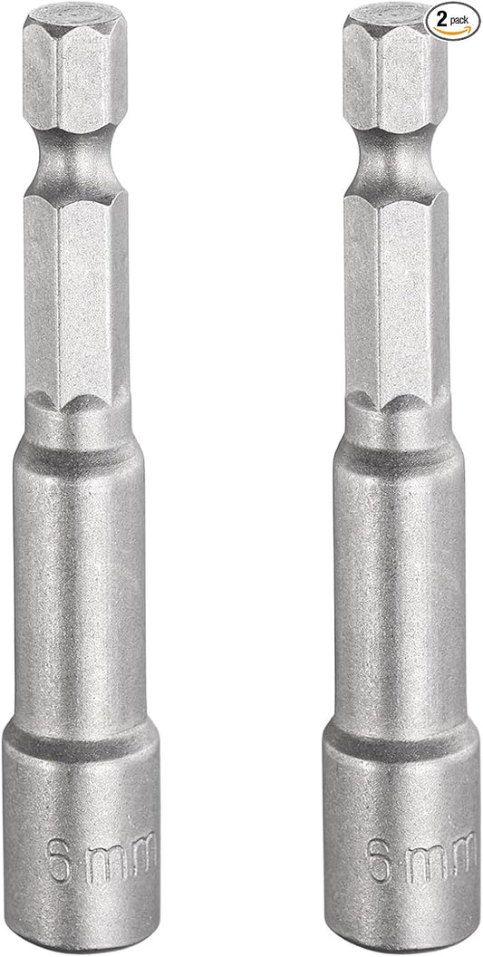 HARFINGTON 2pcs Nut Driver Drill Bit 6mm Metric Socket 1/4" Hex Shank 2.56" (65mm) Long Magnetic 6-Point Sockets Quick Change CR-V Steel Bolt Setters for Power Drill Drivers