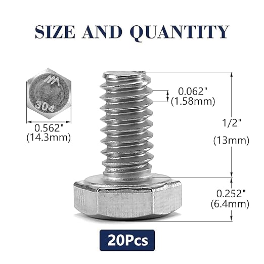 3/8-16 x 1/2" Hex Head Screw Bolt, 20Pcs 18-8 (304) Stainless Steel, Fully Threaded, Plain Finish, by SG TZH