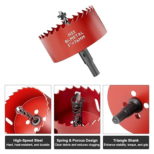 3" (76mm) Bi-Metal M42 High Speed Steel Hole Saw with Pilot Drill Bit, Smooth Cutting Edge for PVC, Drywall, Wood, Plastic, Gypsum Board, Rubber, Thin Metal