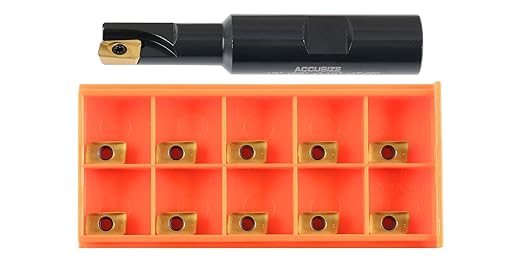 Accusize Industrial Tools 1/2" 90째 Square Shoulder Indexable End Mill w/ 10 add'l APKT11T308 Inserts, 5/8" Shank, 3-1/4" OAL, 0.433" ap, 1 Flute, APKT11T308, Carbide Insert, 0056-0913+0056-1130