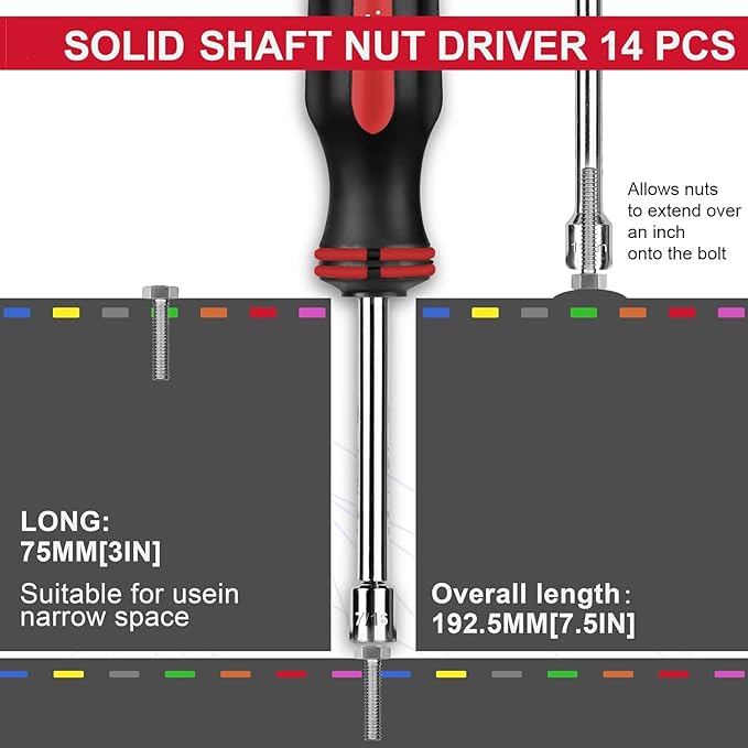 P.I.T.14PC SAE and Metric Nut Driver Set,Solid Shaft Nut Drivers(3/16 to 1/2 Inch and 5 to 10 mm) For Tightening and Loosening Fasteners with Color Coded Nonslip Comfort TPR Hand Grips.