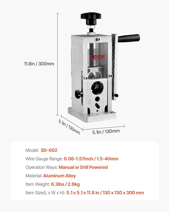 VEVOR Manual Wire Stripping Machine, 0.06''-1.5'' Copper Stripper with Hand Crank or Drill Powered, Visible Stripping Depth Reference, Portable Aluminum Frame Wire Peeler for Scrap Copper Recycling