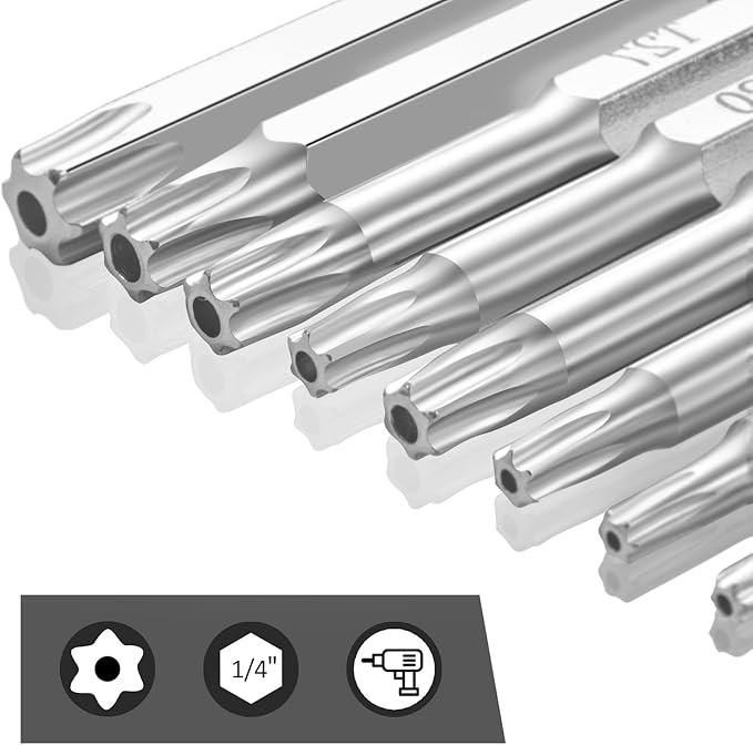 10 Piece Security Torx Bit Set (T6-T40), 1/4 Inch Hex Shank S2 Steel Magnetic Tamper Proof star screwdriver bit set 2" Long