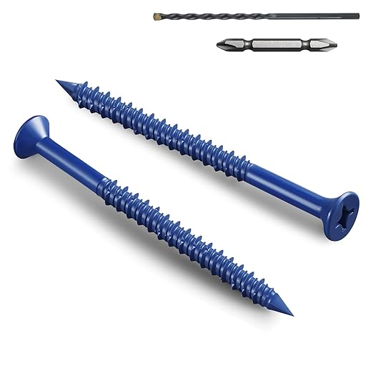 100Pcs 1/4 x 3-3/4 Inch Concrete Screws Anchor with Drill Bit, Blue Flat Head Masonry Brick Stucco Cement Block Screws, Diamond Point