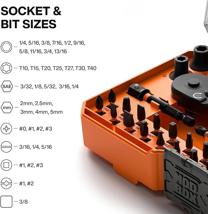 Klein Tools 33806 ProFlex 43-Piece Impact Socket Set and Impact Driver Bit Set with Modular Case, 29 Bits and 10 SAE Socket Sizes, S2 Steel, Magnetic, Adjustable Screwdriver