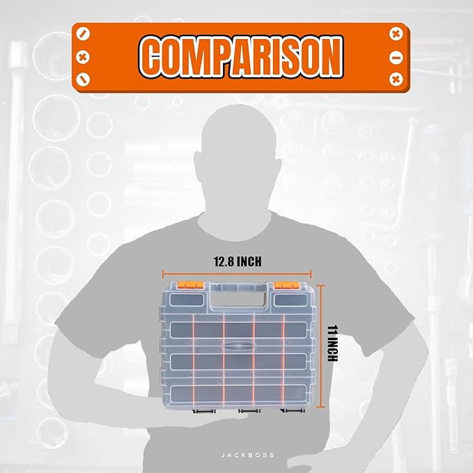 Tool Box with Transparent Lid, Double Side 34-Compartments Organizer Box with Removable Dividers for Hardware, Screws, Bolts, Nails, Beads, Jewelry and Fishing Accessories, Orange, 1 Pack