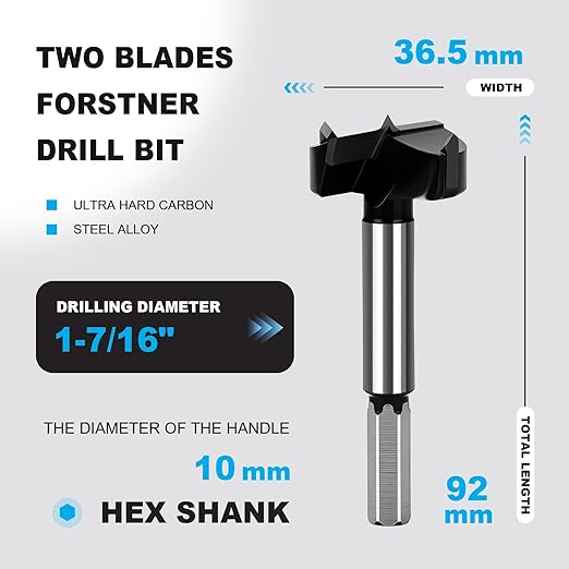 1-7/16 Inch Forstner Drill Bit Carbide Tipped,Woodworking Hinge Cutter for Precise Flat Bottom Holes in Hard Wood,Plywood,Plastic - Professional Grade