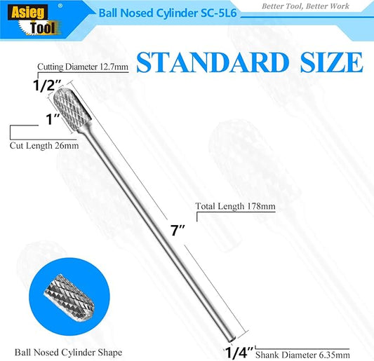 SC-5L6 Tungsten Carbide Burr Lengthened Rotary File Cylindrical Shape with Radius End Double Cut with 1/4" Shank for Die Grinder Drill Bit and 1/2" Inch Diameter of Cutter 1" Inch Cutter Length