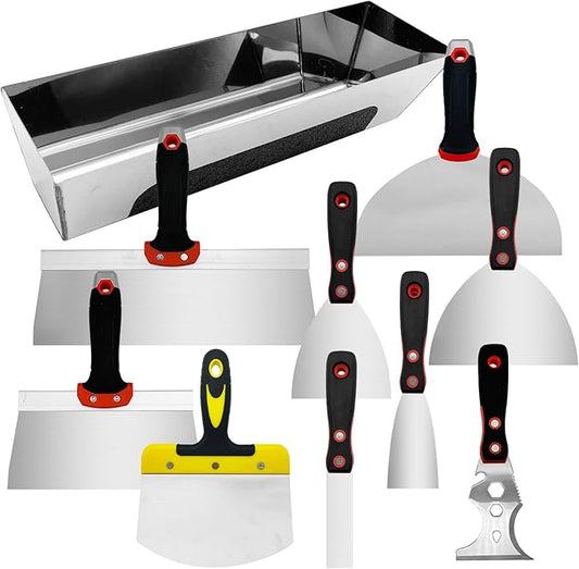Drywall Hand Tool Kit, 10 Pieces Stainless Steel Drywall Knife Set Include Putty Knife, Taping Knifes, Painter Scraper, 14" Mud Pan & 6" Scoop for Joint Taping, Finishing, Patching