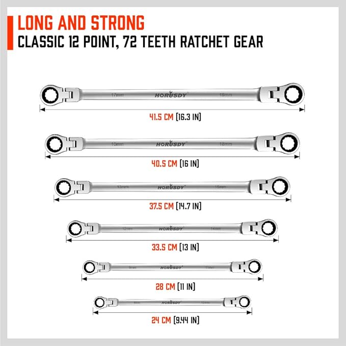 HORUSDY 10-Piece Extra Long Flex-Head Ratcheting Wrench Set - Chrome Vanadium Steel With Metric 8mm - 19mm,With 1/4",3/8",1/2" Socket Drive Adapter