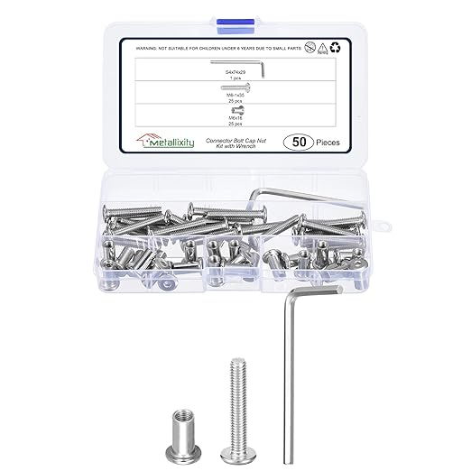 METALLIXITY Furniture Crib Screws Replacement Set with Wrench(M6-1x35mm) 50Pcs, Connector Bolts M6 Screw Barrel Nuts Binding Screws, for Chair Cabinet Bed, Silver