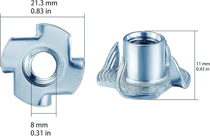 T-Nuts M8x11 (50 pcs), zinc Plated Steel, for Wood, Climbing Holds and cabinets