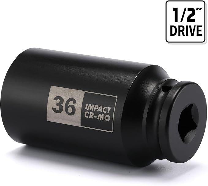 EMENTOL 1/2 Inch Drive Deep Spindle Axle Nut Impact Socket, CR-MO, 12 Point, Metric, Deep 12PT Impact Socket - 36mm