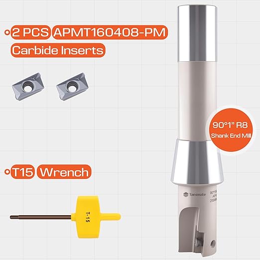 Indexable End Mill Nickel Plated 1" Cutting Diameter x 5-27/32" Oal 90 Degree, R8 Shank, Includes 2 APKT1604 Carbide Inserts