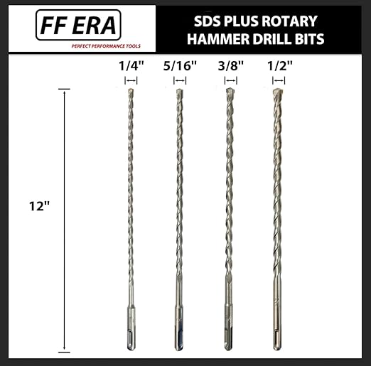 SDS Plus Drill Bits – 4pcs 12 Inch Masonry SDS Plus Drill Bit Set - Carbide Tipped - Rotary Hammer Drill Bits for Brick, Stone, Concrete (1/4” x 12”, 5/16” x 12”, 3/8” x 12”, 1/2” x 12”)
