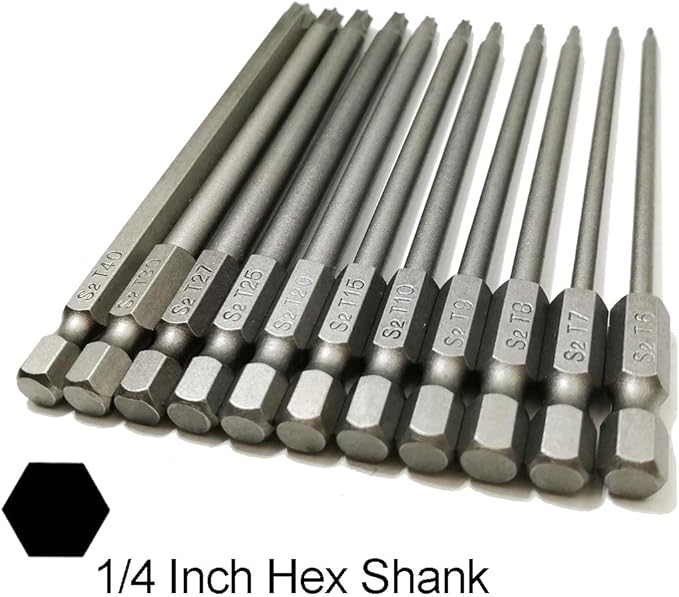 Long Torx Security Head Screwdriver Drill Set 1/4 Inch Hex Shank T6 T7 T8 T9 T10 T15 T20 T25 T27 T30 T40 11 Pieces 4 Inch Length S2 Steel Torx Screwdriver Bit Set (11pcs Torx Head 100mm)