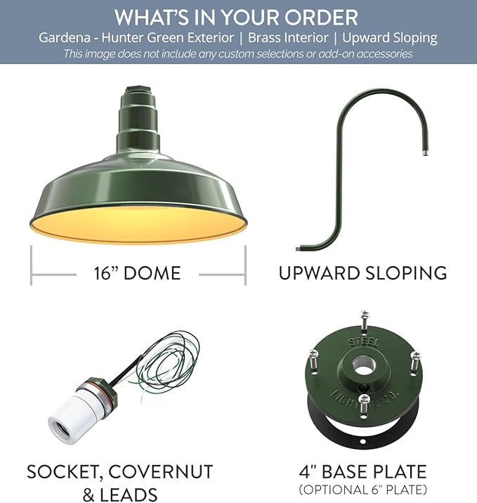 Steel Lighting Co. | Dusk to Dawn | Gardena Barn Light | Outdoor Wall Mounted | 16" Dome | Upslope Gooseneck | Farmhouse Light Made in America | Hunter Green/Brass